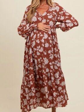 Pink Blush Rust Floral V-Neck Maxi Dress with White Blooms